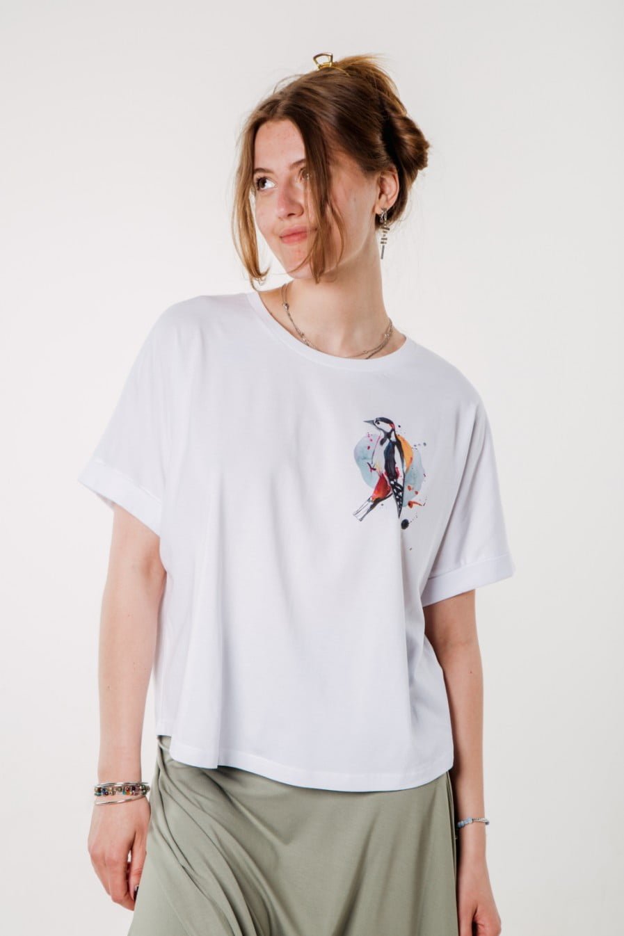 M50 x Zane Veldre Organic cotton Women’s Rolled Sleeve T-shirt WOODPECKER