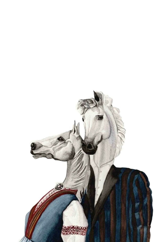 DressedFur White horse couple Art Print