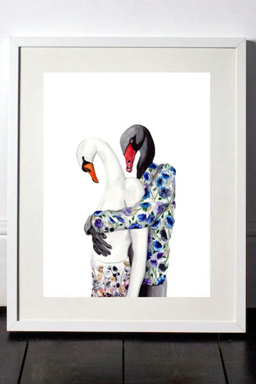 DressedFur Black and white swan couple Art Print