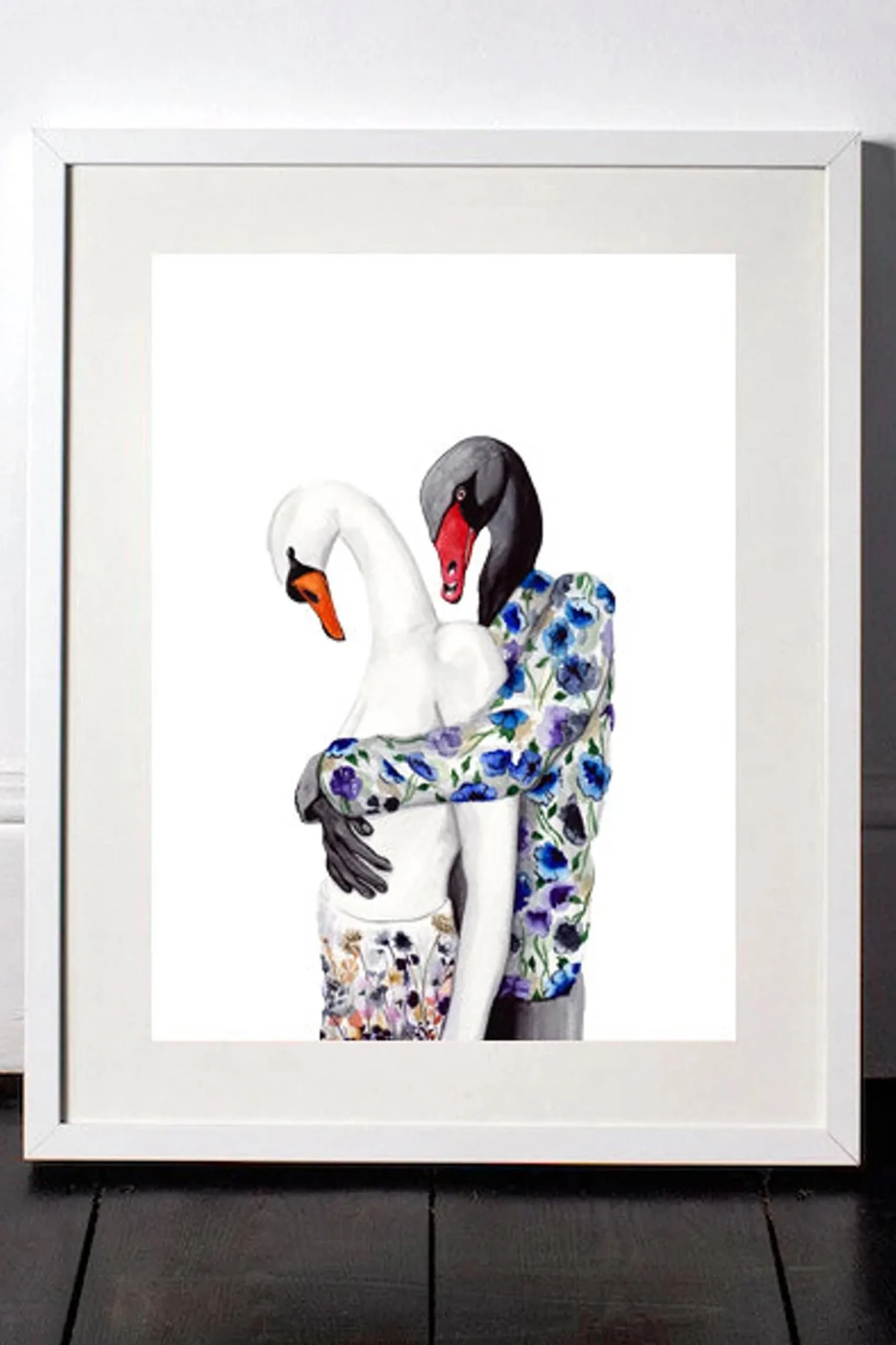 DressedFur Black and white swan couple Art Print