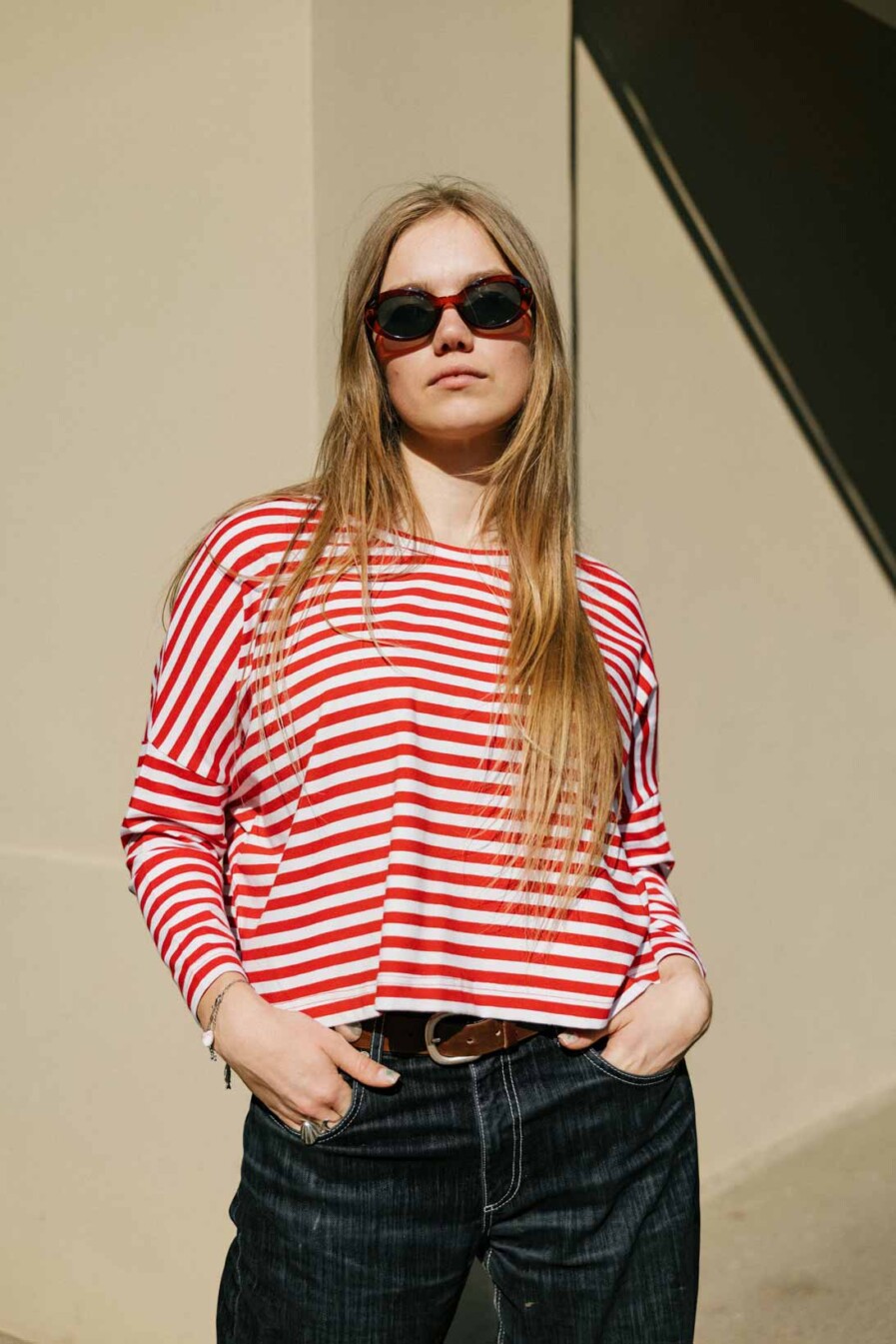 M50 Loose Cut Onesize Crop Top | Red stripes
